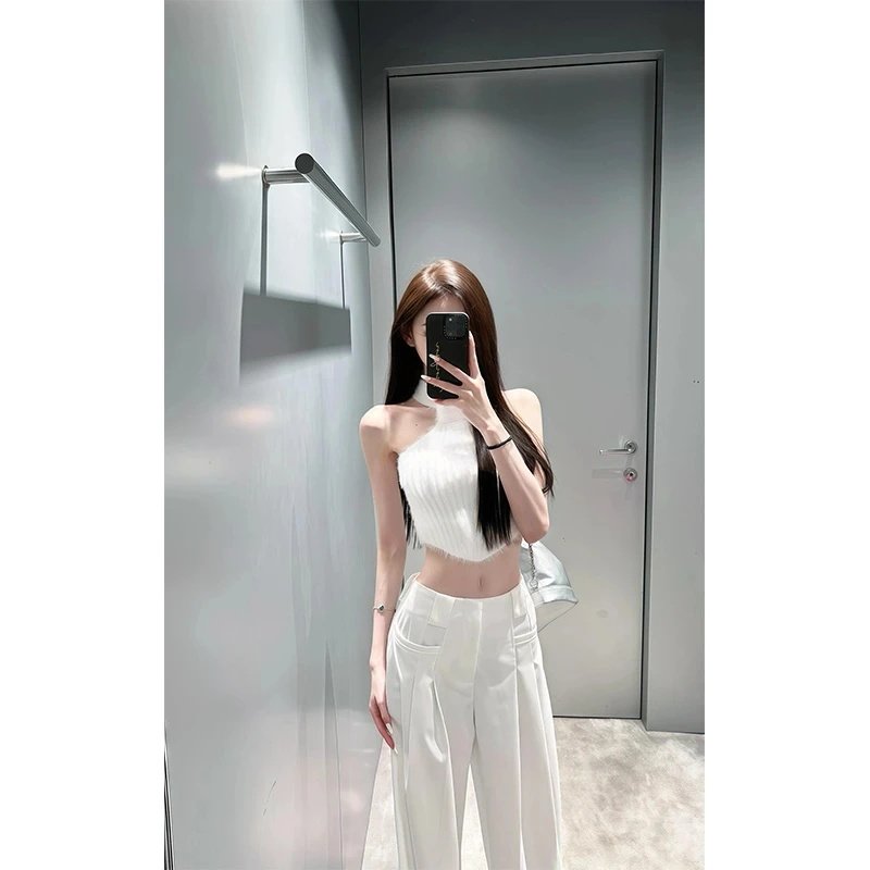 2025夏季新款纯欲设计感无袖挂脖针织上衣女配高腰显瘦休闲长裤,女装/女士精品,时尚套装,淘宝优惠券,粉丝福利购,淘宝优惠卷