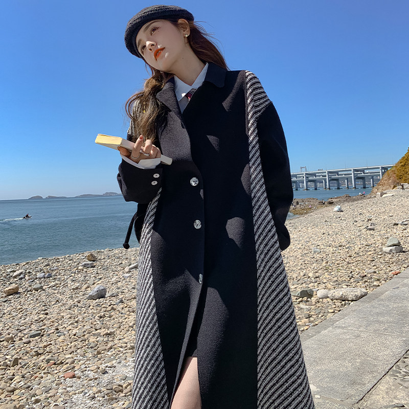 韩系黑色拼接毛呢外套女中长款加厚修身显瘦呢子大衣高级感