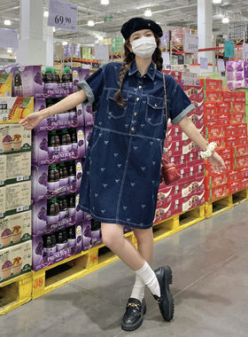 牛仔风翻领短袖爱心显瘦衬衫裙