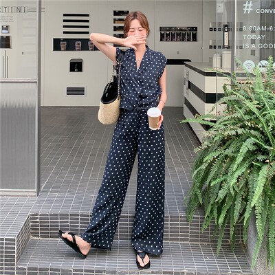 波点两件套女夏季藏蓝色西装领阔腿裤气质搭配套装中老年小个子显