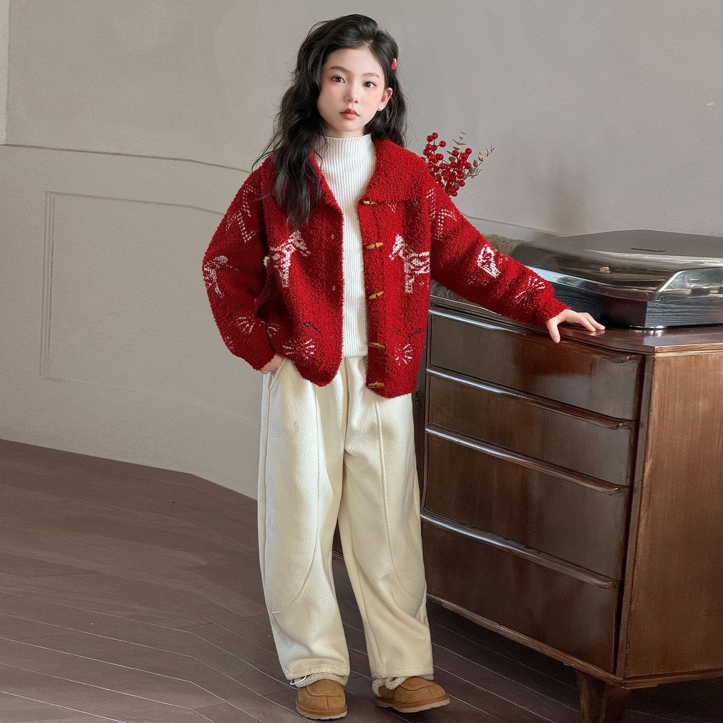 红色开衫毛衣女童马年秋冬季新款