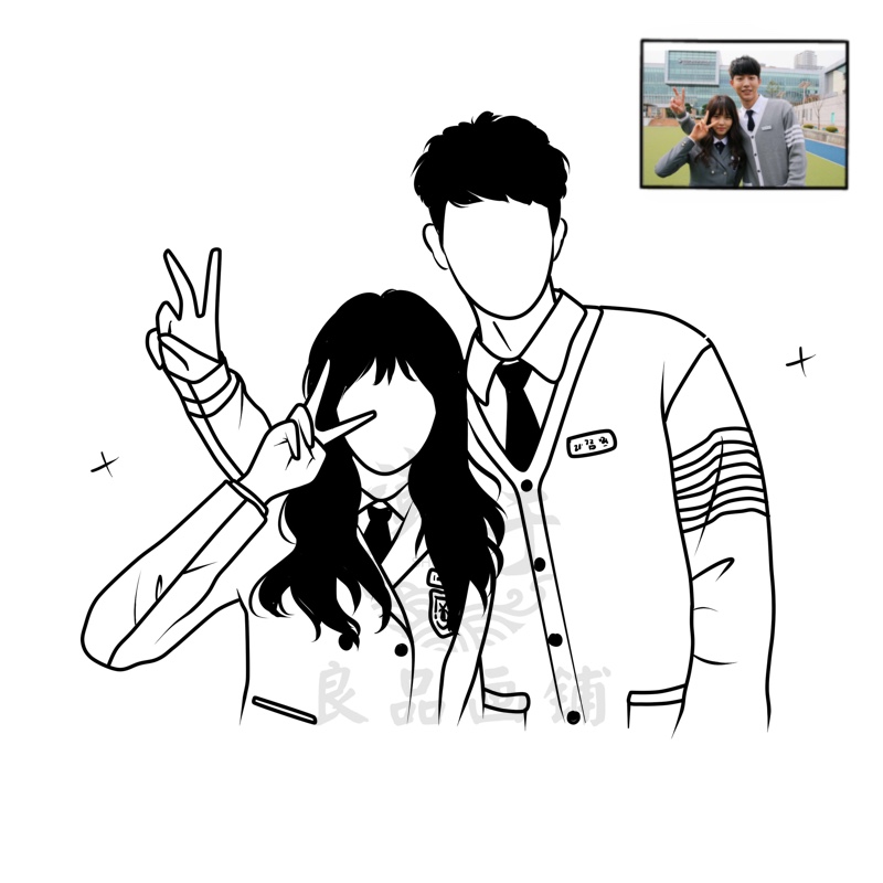 手绘简笔画情侣头像定制黑白线条