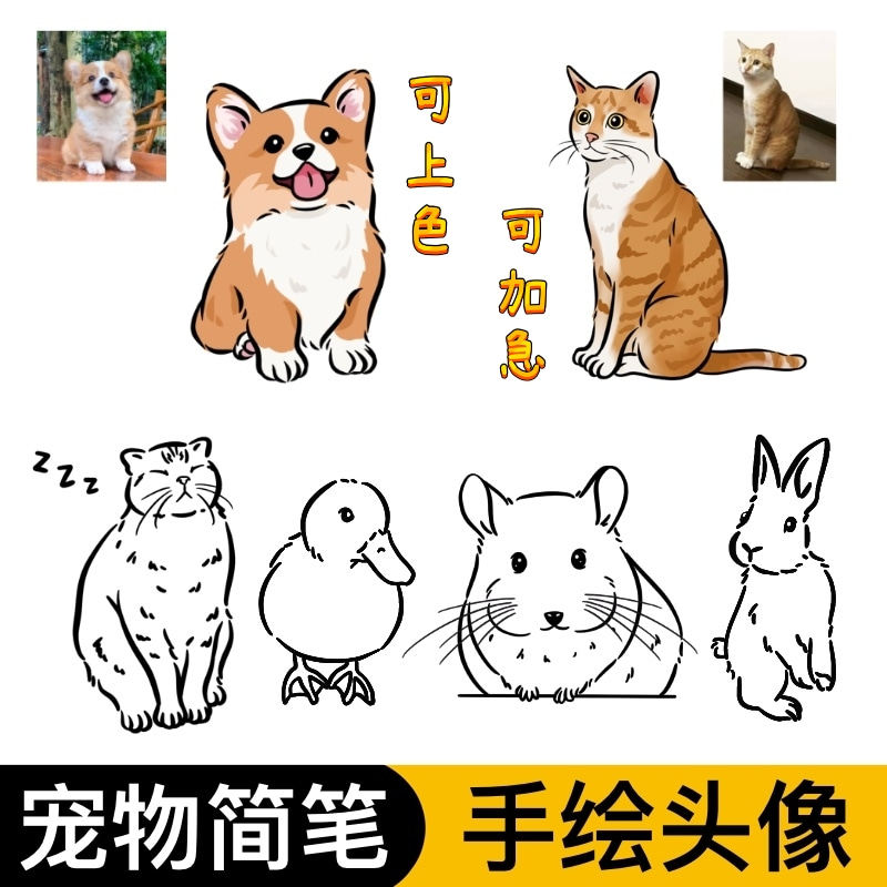 q版头像手绘动物线稿动漫宠物简笔画定制狗狗猫咪照片转卡通设计
