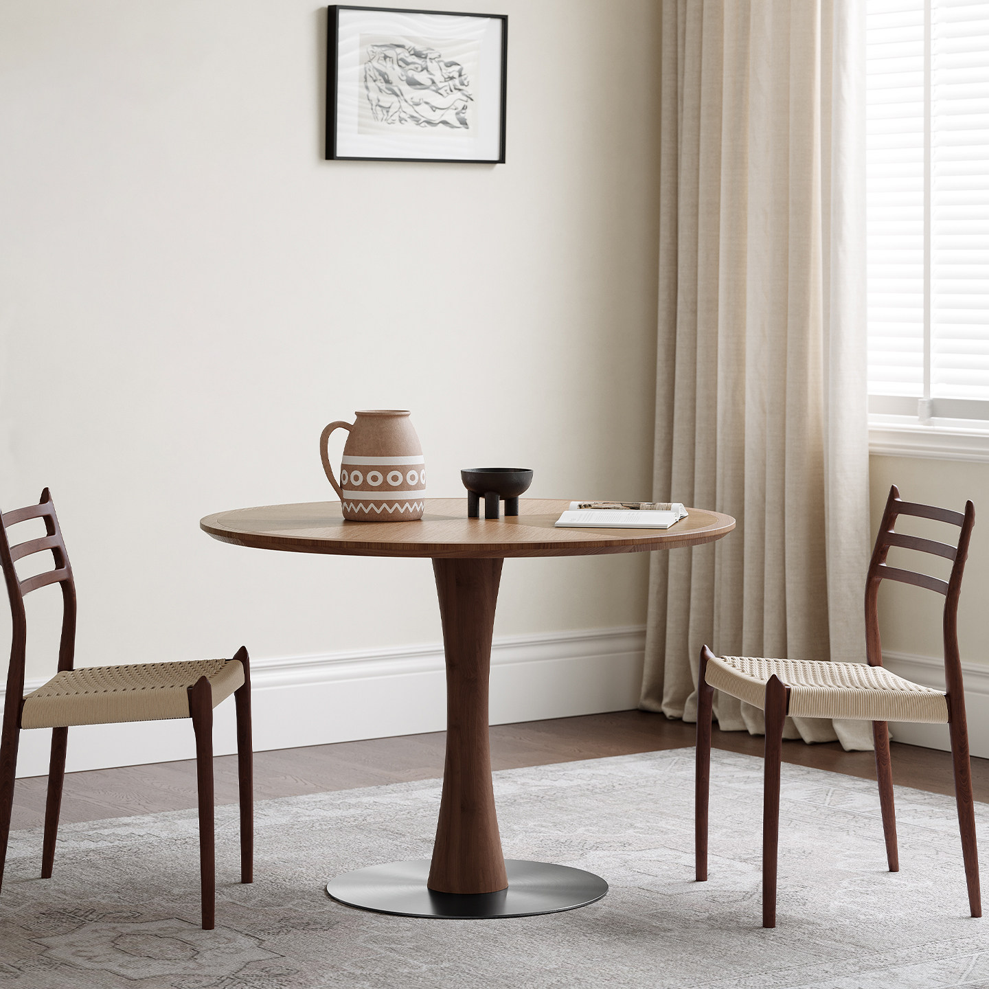 小蛮腰餐桌北美胡桃木实木圆餐桌北欧圆形家用小户型饭桌圆桌子