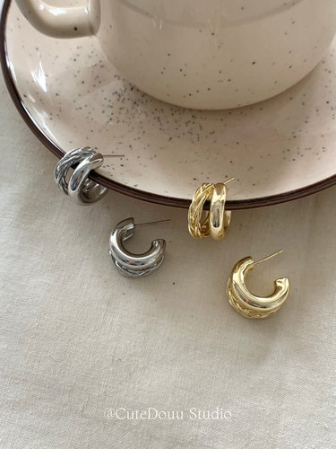 CuteDouu 甜酷c环 有耳夹！高级感纹理双层金属耳环 百搭不挑人