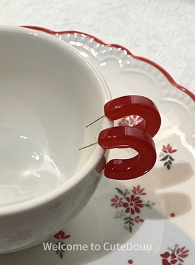 CuteDouu 半圈樱桃 银针s925显白红色复古C型耳钉 甜美少女感耳饰