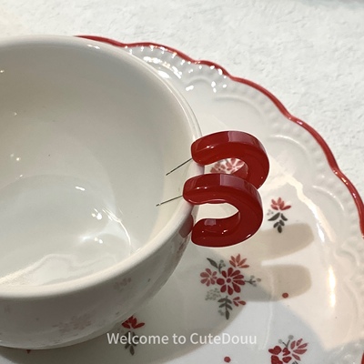 CuteDouu 半圈樱桃 银针s925显白红色复古C型耳钉 甜美少女感耳饰