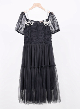 兰*蔻*卓*雅160M码柜价1299黑色连衣裙收腰显瘦网纱长款连衣裙