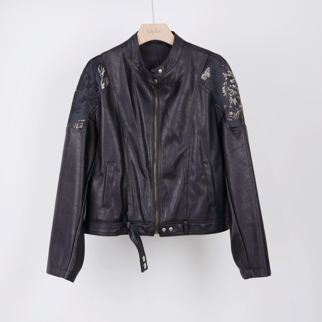 2025新款黑色拼接丝绒长袖pu皮衣女春秋重工细闪亮片立领夹克外套