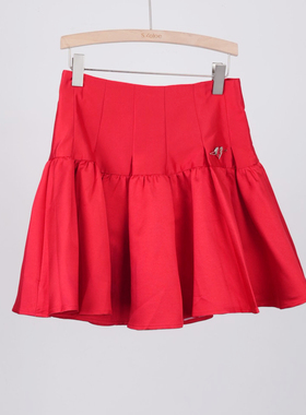 25春兰*蔻*卓*雅160M码正红色高腰半身裙百褶裙安全裤里布防走光