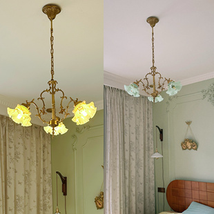 原创法式 复古三头花苞吊灯玻璃阳台餐厅书桌黄铜灯过道灯具吧台