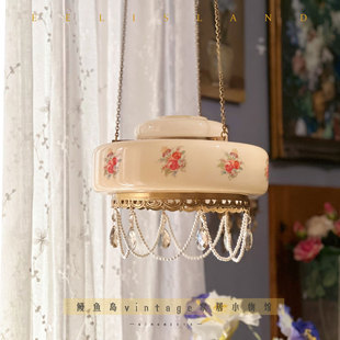 法式 中古印花黄铜吧台卧室床头灯客厅玄关复古珍珠奶油风玻璃吊灯