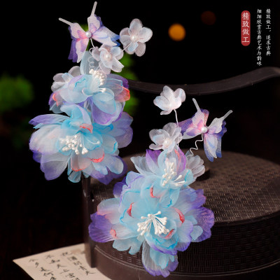 古风汉服蓝色重瓣绢花发夹