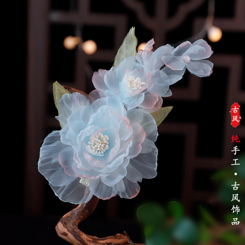 气质花朵蓝色发夹绢花烫花绢纱发饰清新气质发饰百搭日常气质手工