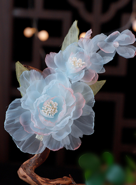 气质花朵蓝色发夹绢花烫花绢纱发饰清新气质发饰百搭日常气质手工