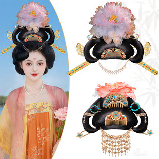 汉服唐风假发发髻复古绢纱花朵流苏发钗组合古装演出摄影造型头饰