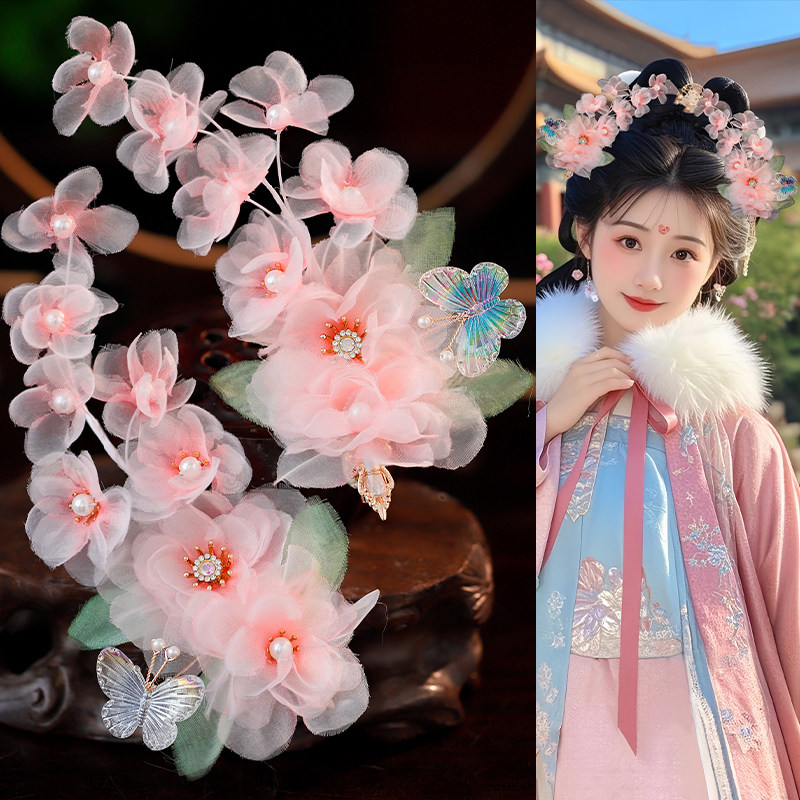唐风仙气粉色烫花发饰夹子古风手工绢纱花朵发夹蝴蝶汉服头饰对夹