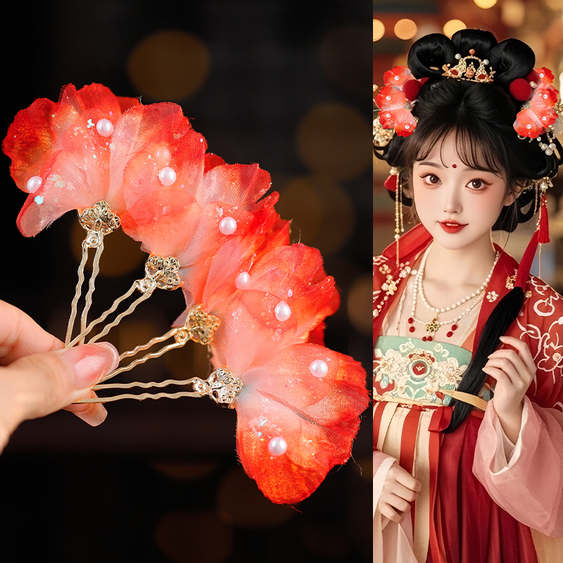 古风红色花瓣手工发钗