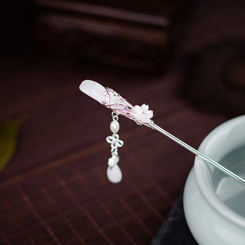 原创古风汉服发簪琉璃水滴银色步摇流苏日常简约盘发女棍簪子秋季