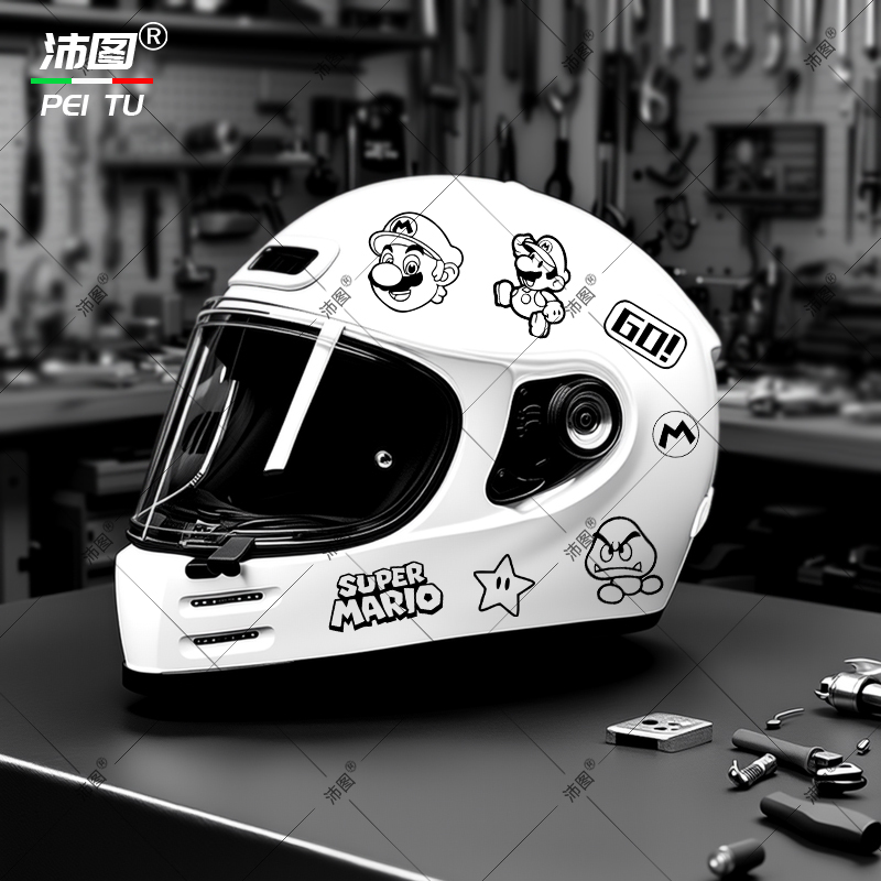汽车摩托车可爱超级马里奥头盔贴纸防水不留胶摩托车素盔全盔贴纸