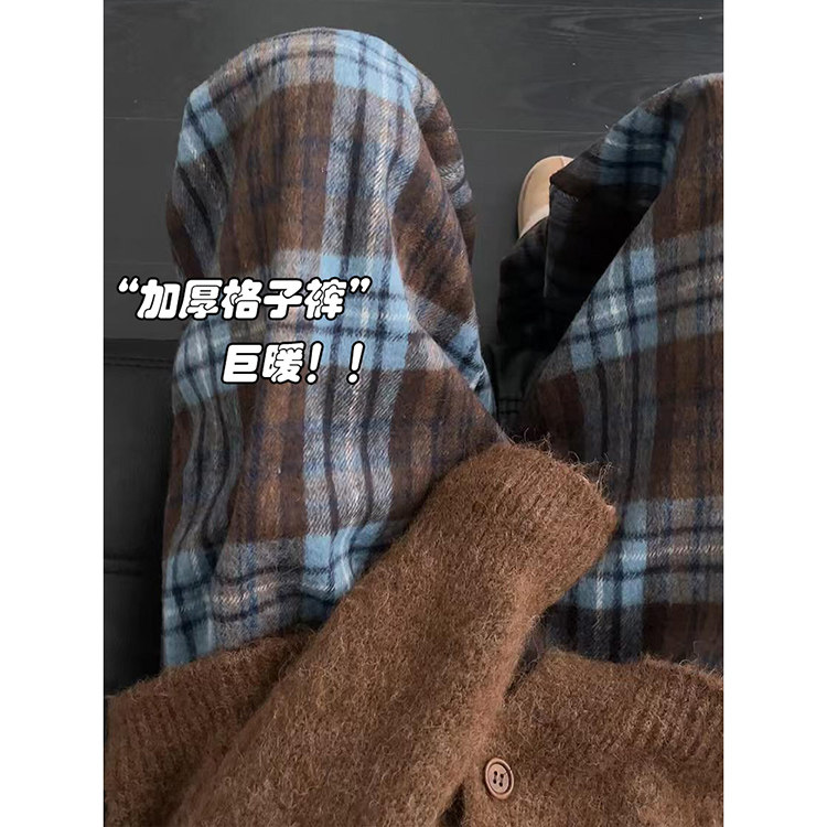 蓝色复古毛呢格子加绒阔腿裤女
