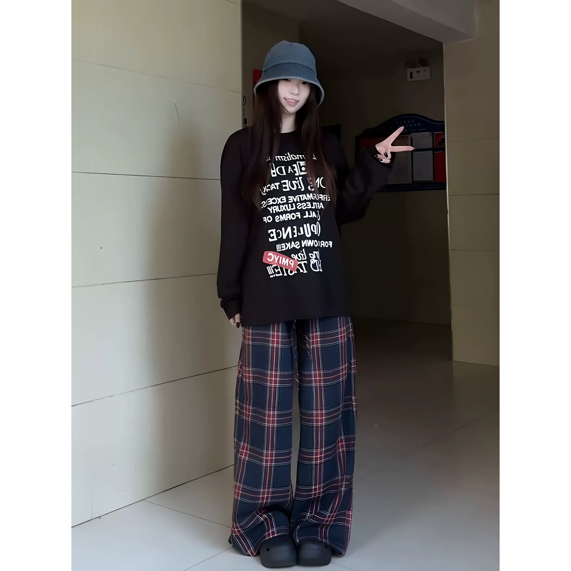 美式复古格子高腰阔腿裤女秋新