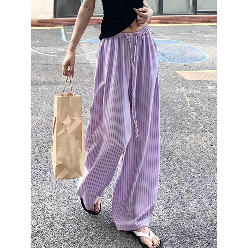 棉麻条纹阔腿裤女夏季小个子休闲宽松bf慵懒垂坠感老钱风亚麻裤子