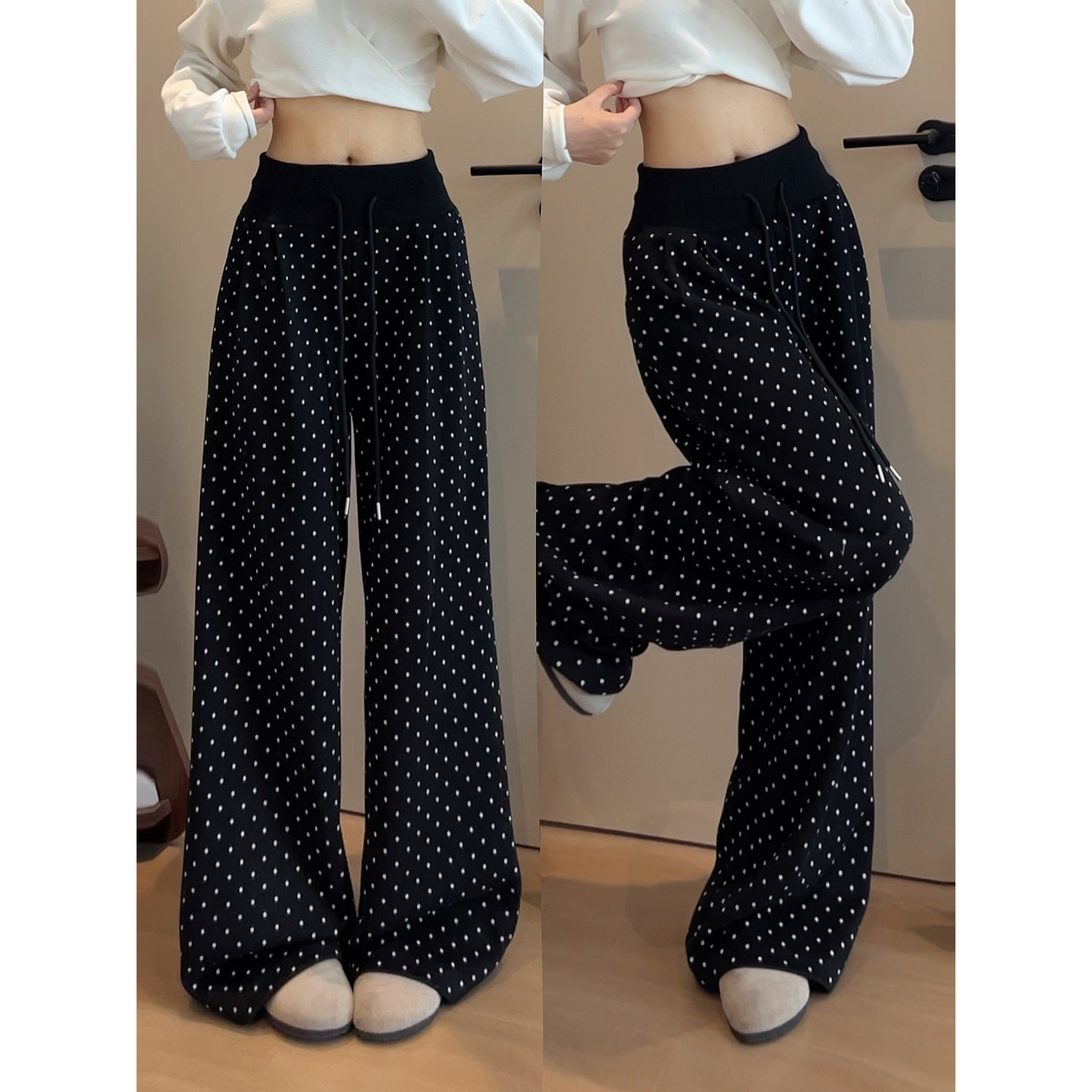 黑色波点高腰显瘦阔腿卫裤女秋