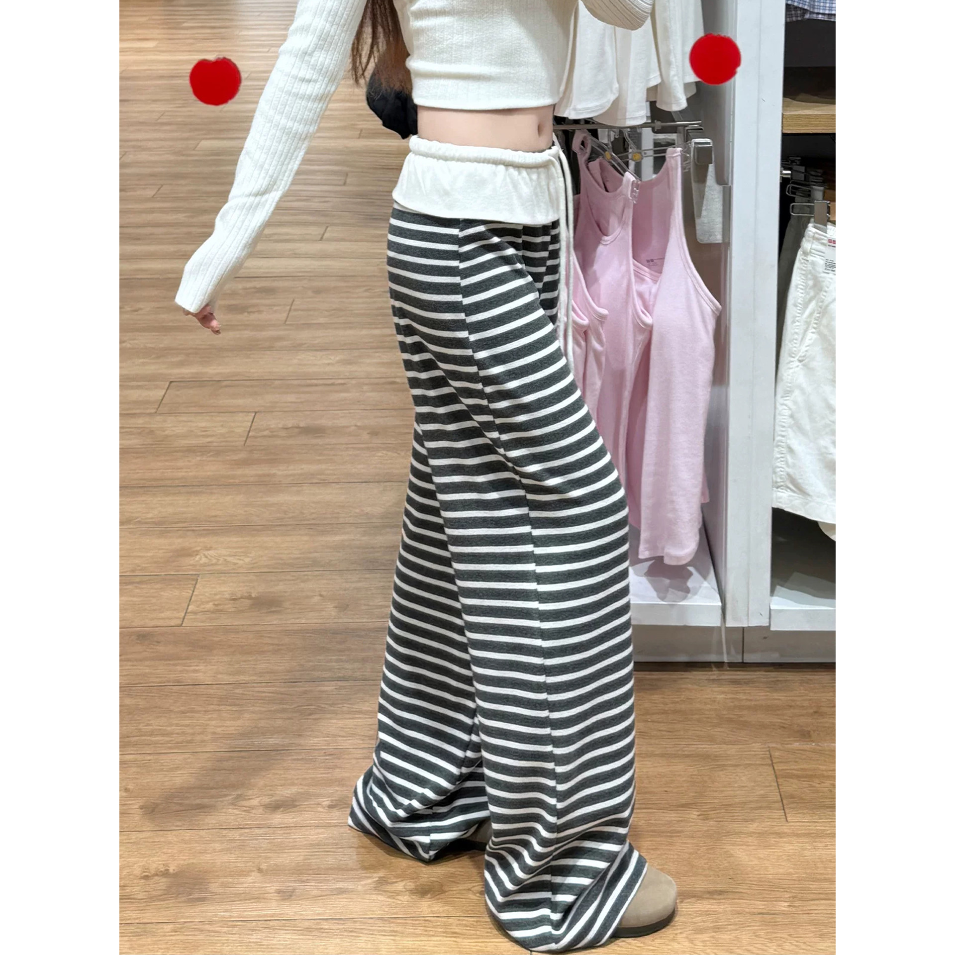日系拼接条纹高腰阔腿裤女秋新