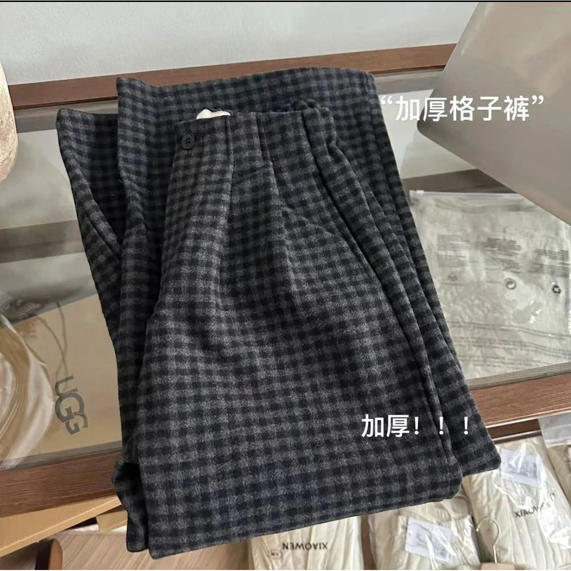 秋冬加厚复古格子显瘦阔腿裤女