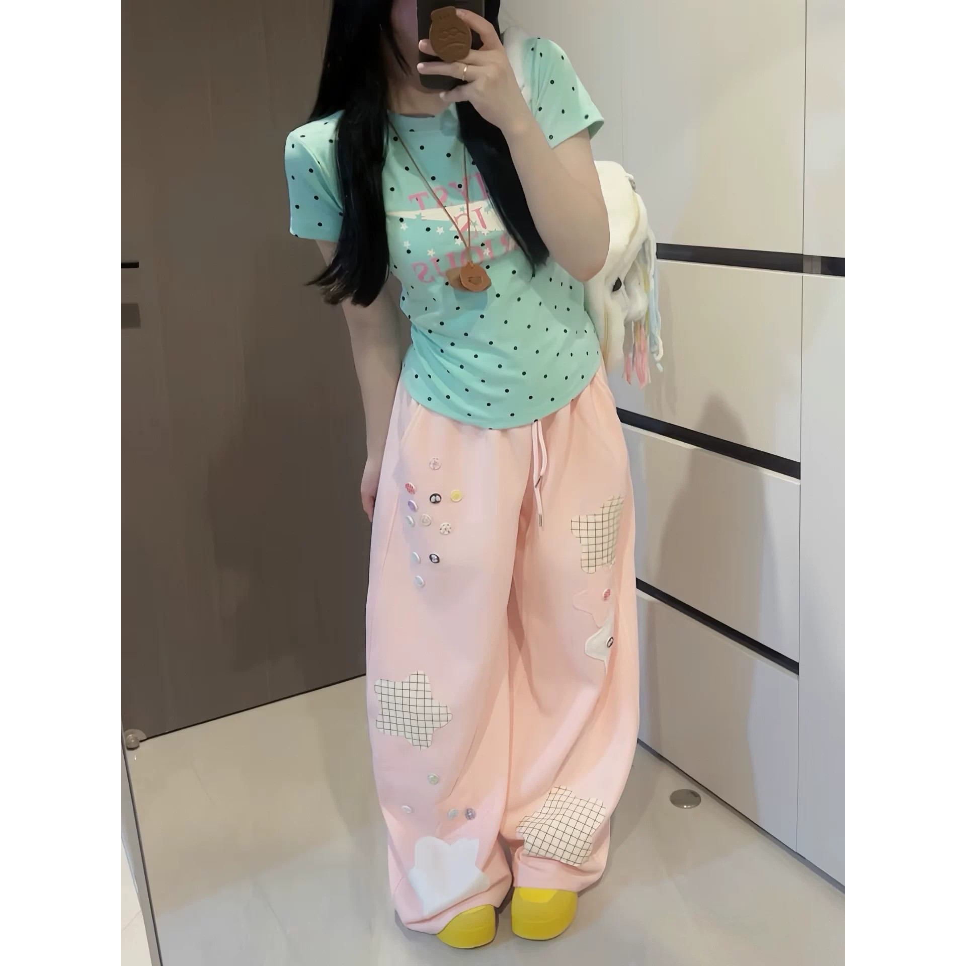 多巴胺粉色星星贴布阔腿女休闲裤