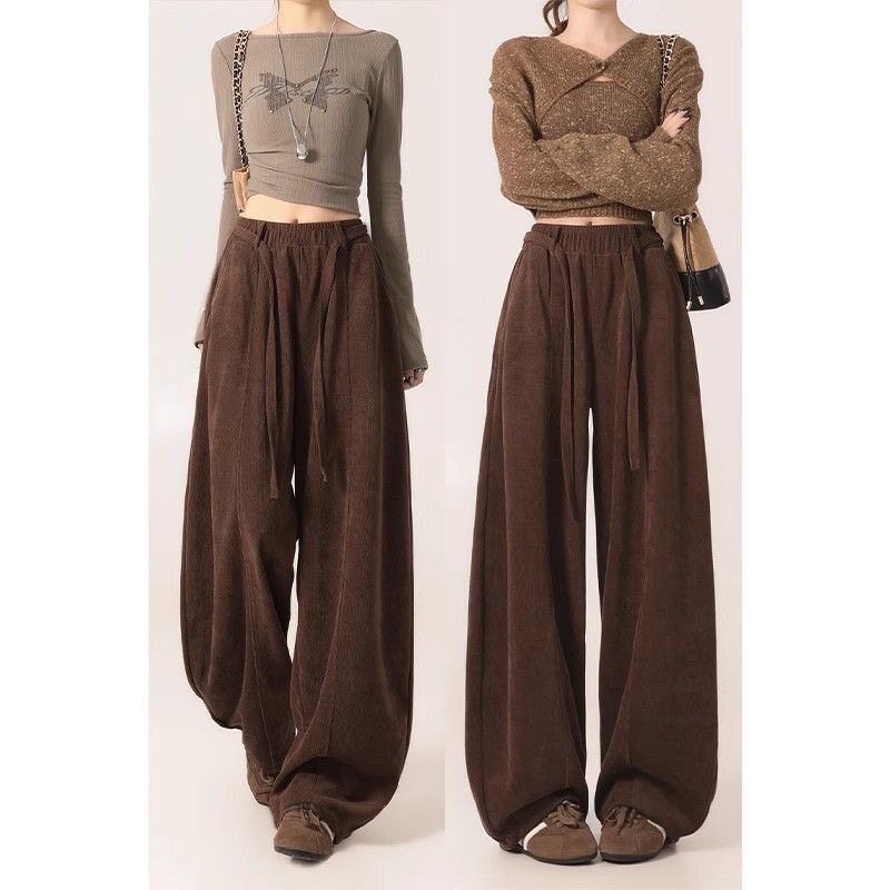 美式复古咖色阔腿裤女2025秋冬季新款宽松显瘦高腰垂感直筒休闲裤