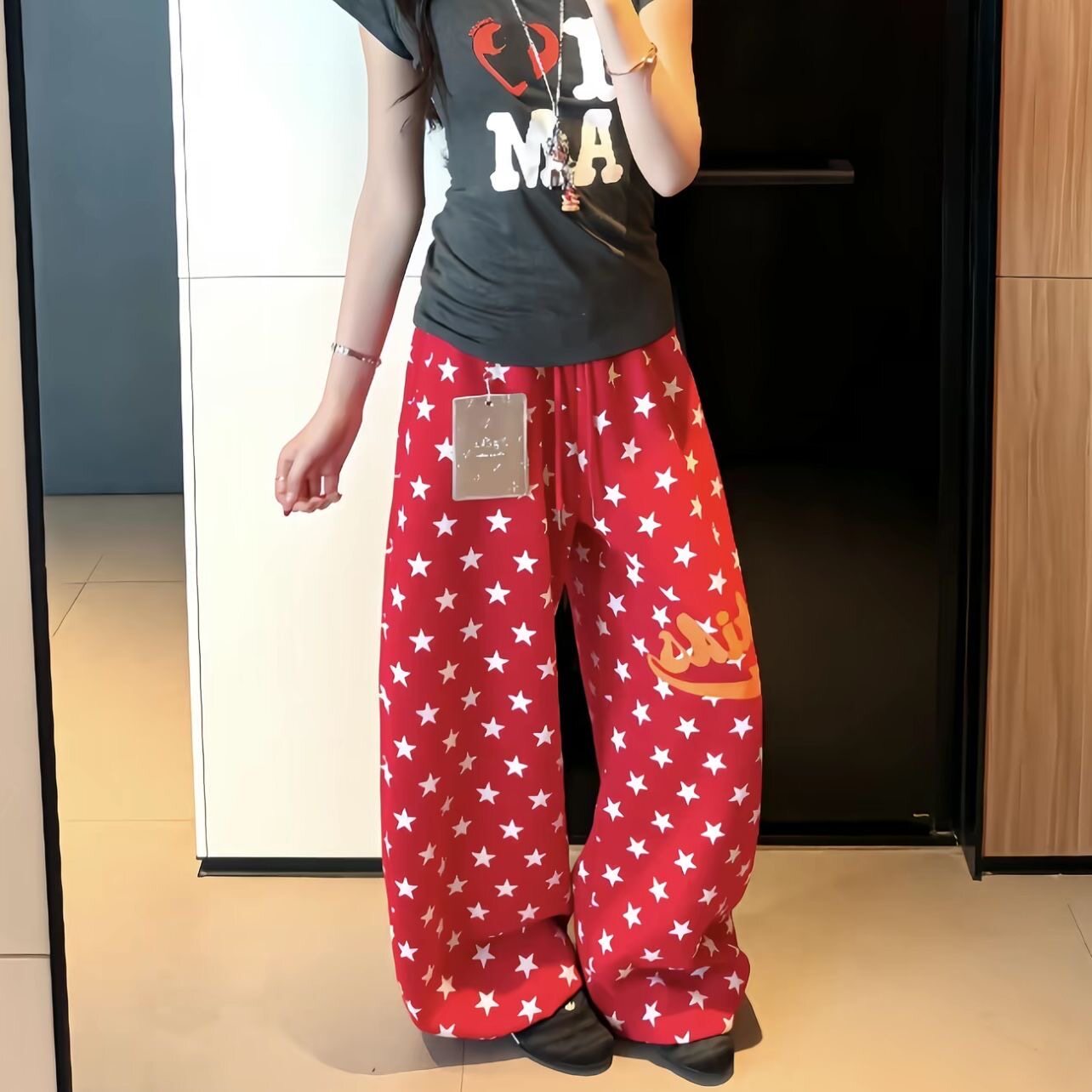 美式复古星星印花运动休闲裤女