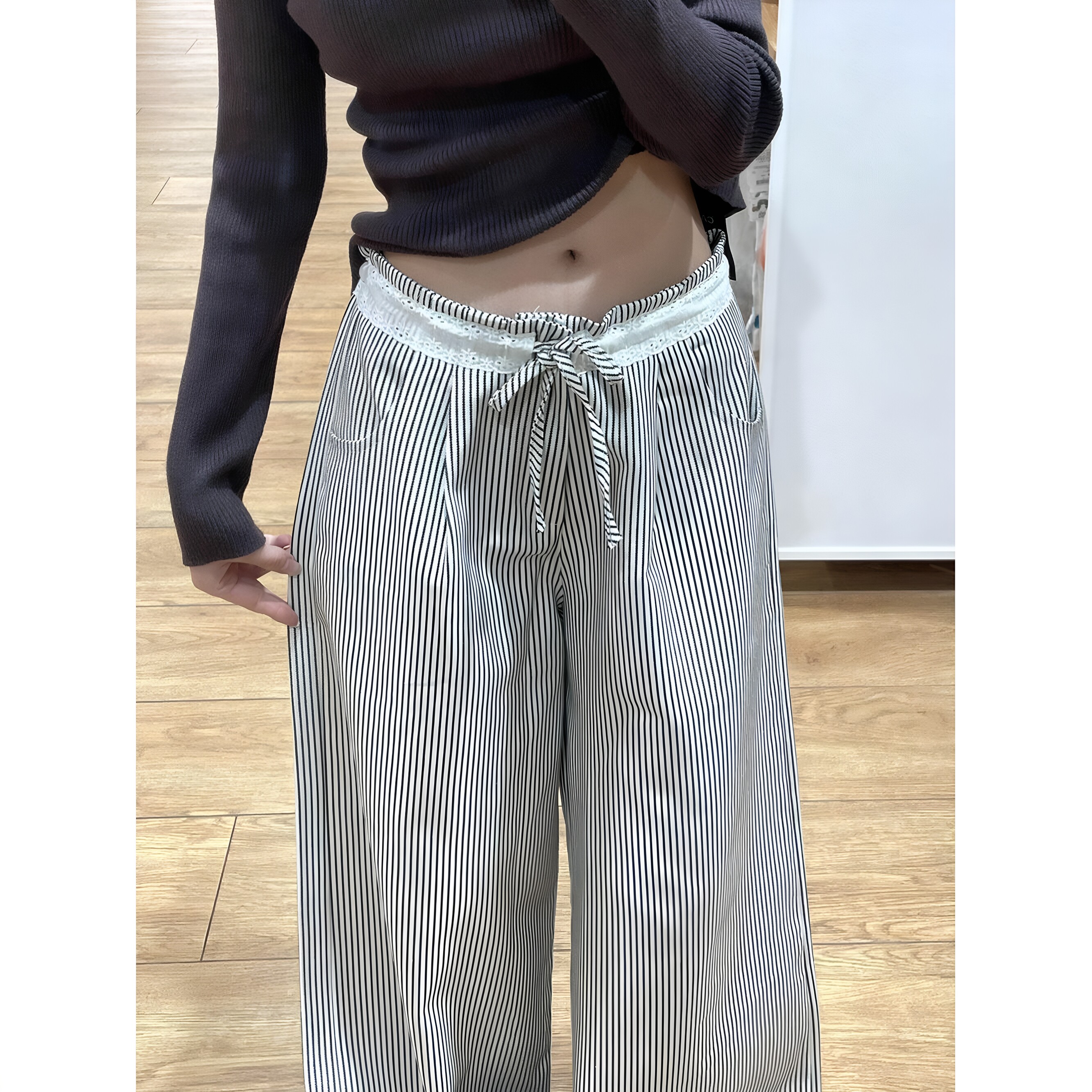 夏季高腰竖条纹阔腿拖地休闲裤女