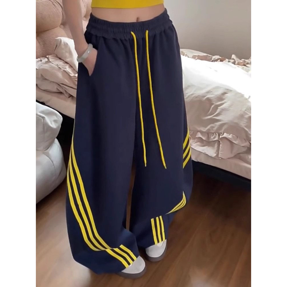 美式复古三条杠阔腿弯刀卫裤