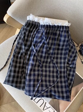 蕾丝花边格子阔腿裤女2025新款夏季高腰显瘦宽松遛弯裤直筒休闲裤