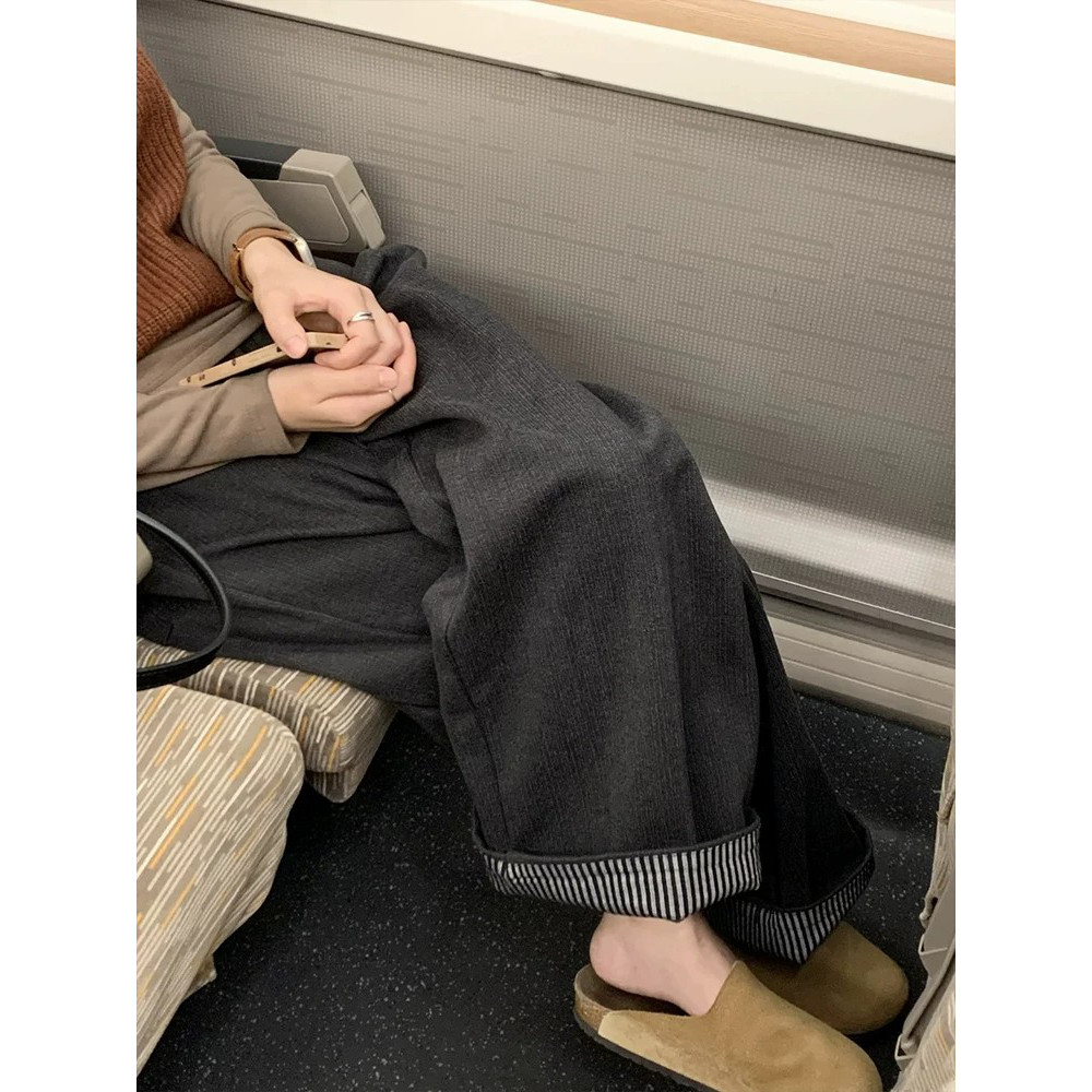 灰色毛呢秋冬加绒显瘦阔腿裤女