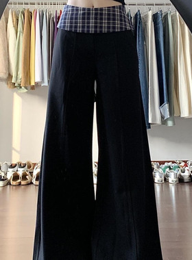 美式格子拼接垂感西装裤女2025新款夏季高腰宽松阔腿裤拖地长裤子