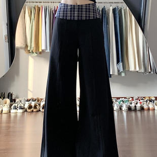 美式格子拼接垂感西装裤女2025新款夏季高腰宽松阔腿裤拖地长裤子