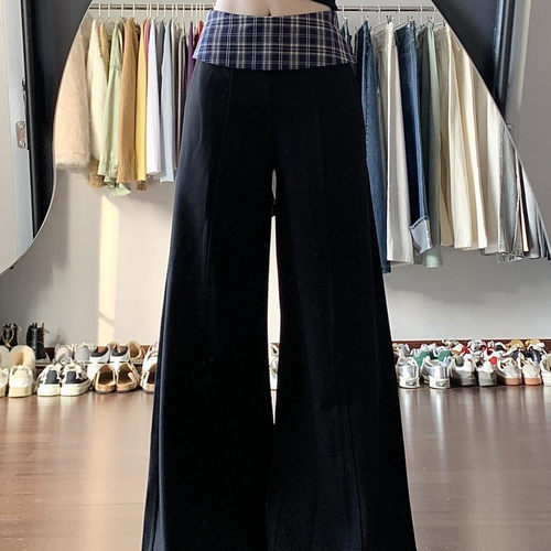 美式格子拼接垂感西装裤女