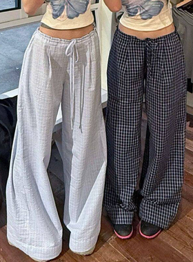 美式复古蓝色格子休闲裤女夏季2025新款高腰慵懒风遛弯直筒阔腿裤