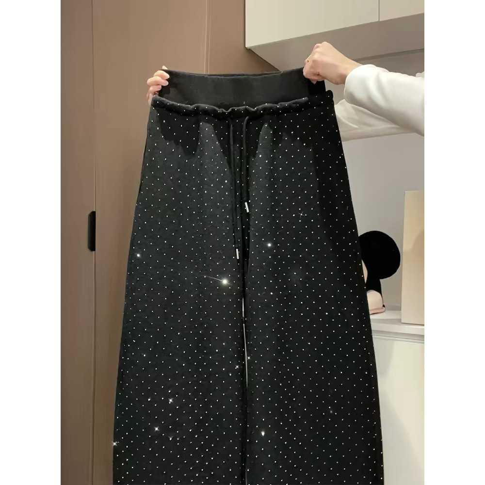 黑色亮片高腰阔腿裤女加绒秋季