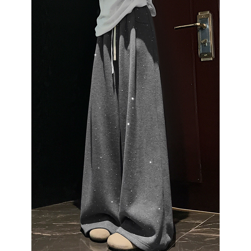 灰色烫钻高腰垂感阔腿裤女秋冬