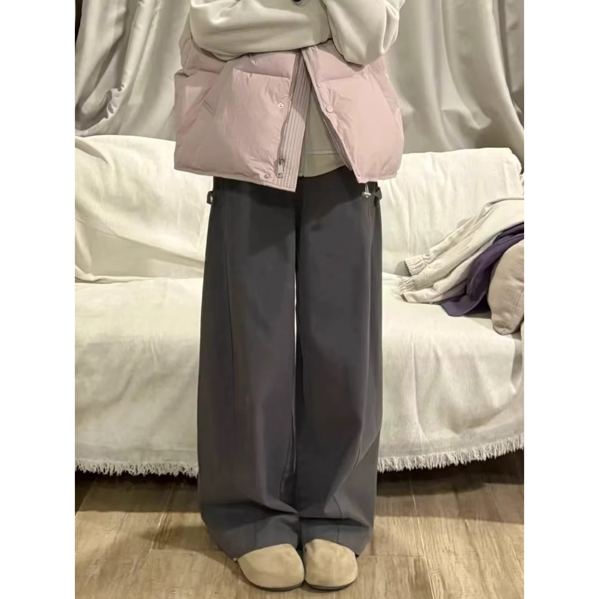 深灰弯刀工装阔腿裤女高腰显瘦