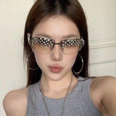 欧美千禧Y2K无框镶钻墨镜女辣妹凹造型金属太阳镜个性未来科技风