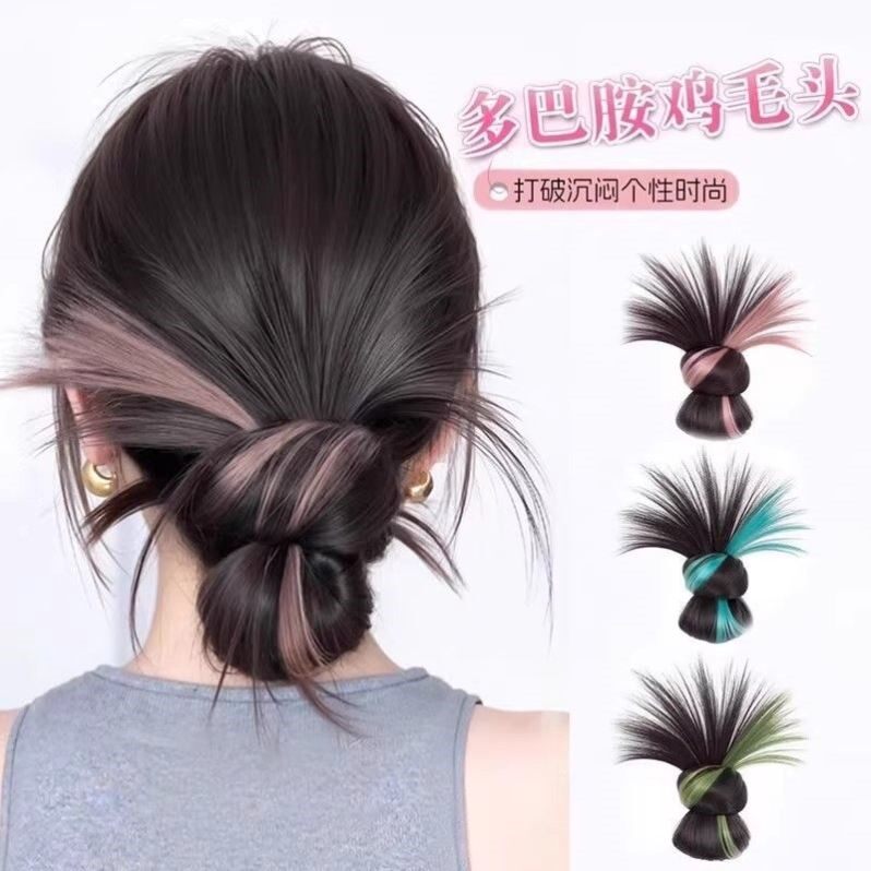 挑染鸡毛丸子头假发女低扎抓夹慵懒花苞头盘发神器甜酷仿真假发圈