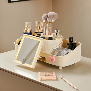 可旋转收纳盒带镜子抽屉放化妆刷护肤品的桌面梳妆台置物架