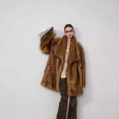 冬季女士西服领仿皮草外套上衣女中长款毛绒大衣环保托卡毛毛洋气