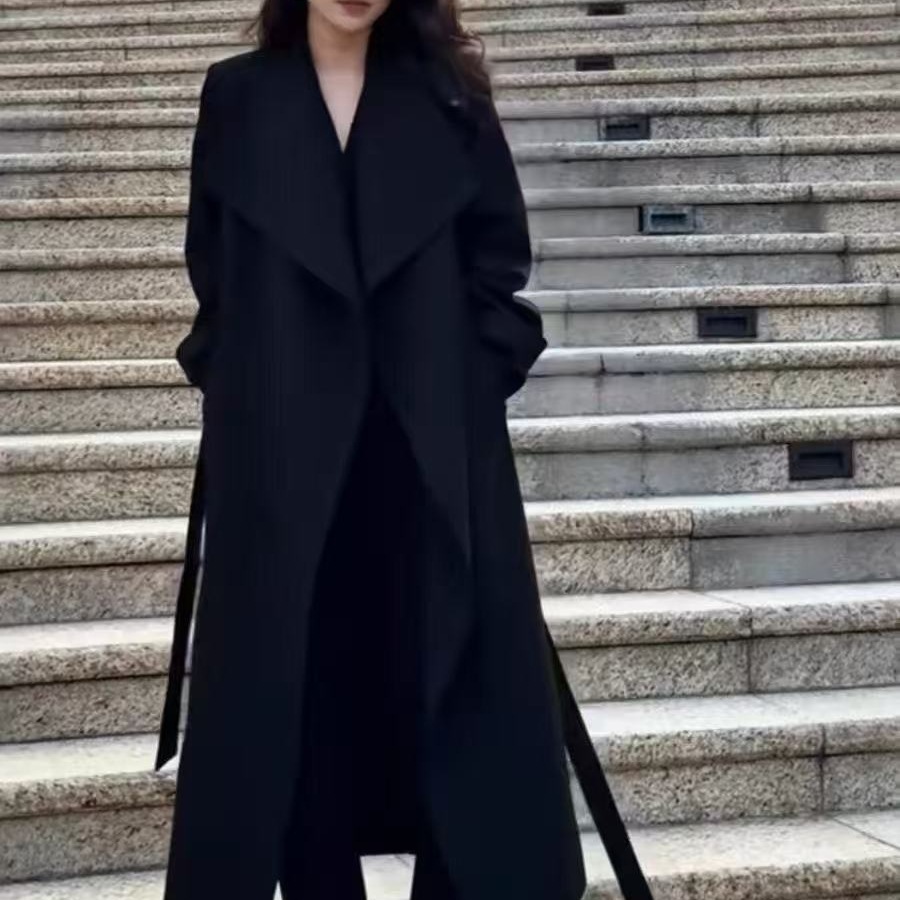 黑色毛呢大衣女感长款2025秋冬季新款韩系赫本风过膝呢子外套