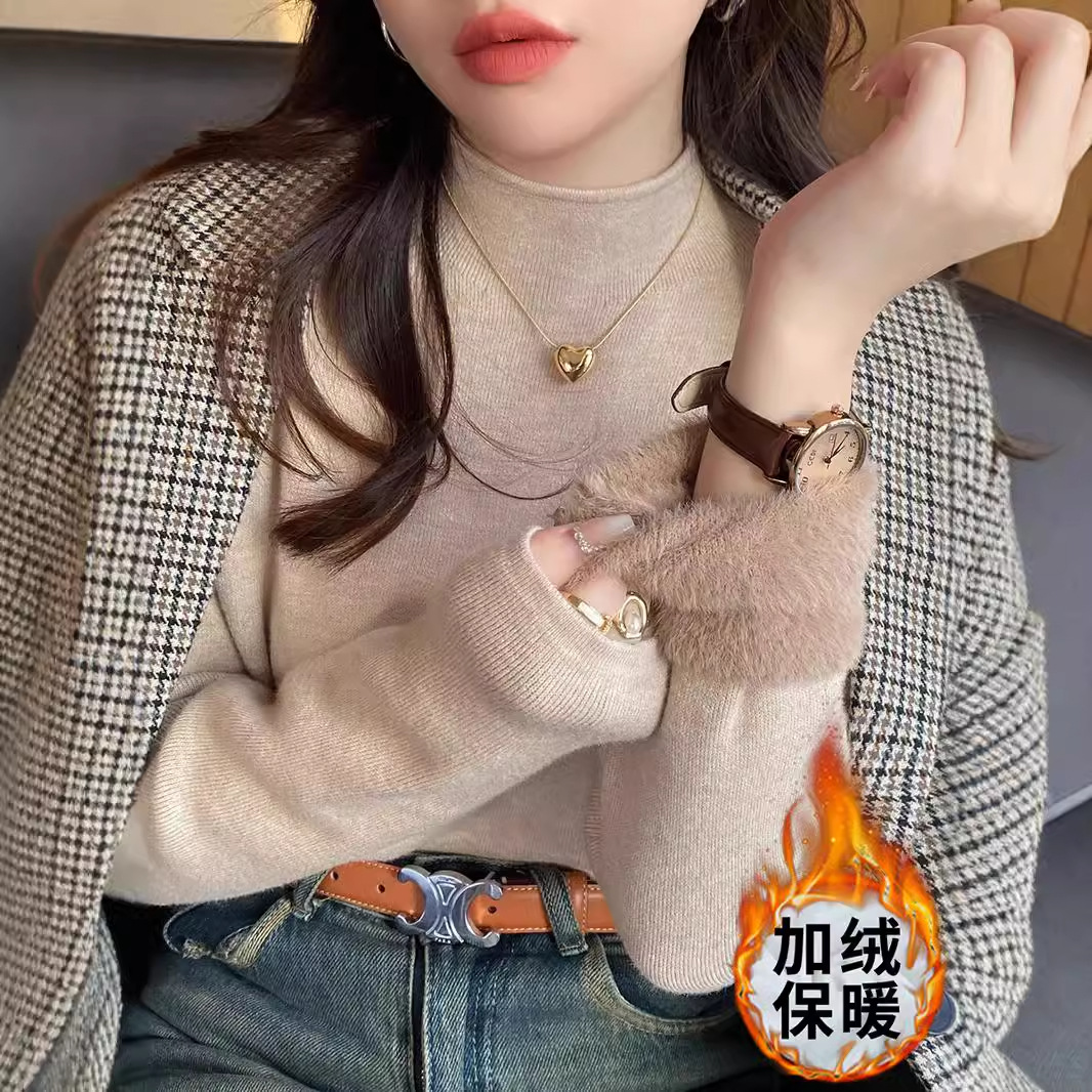 加绒加厚一体绒打底针织衫女2024秋冬半高领毛衣春装长袖内搭上衣